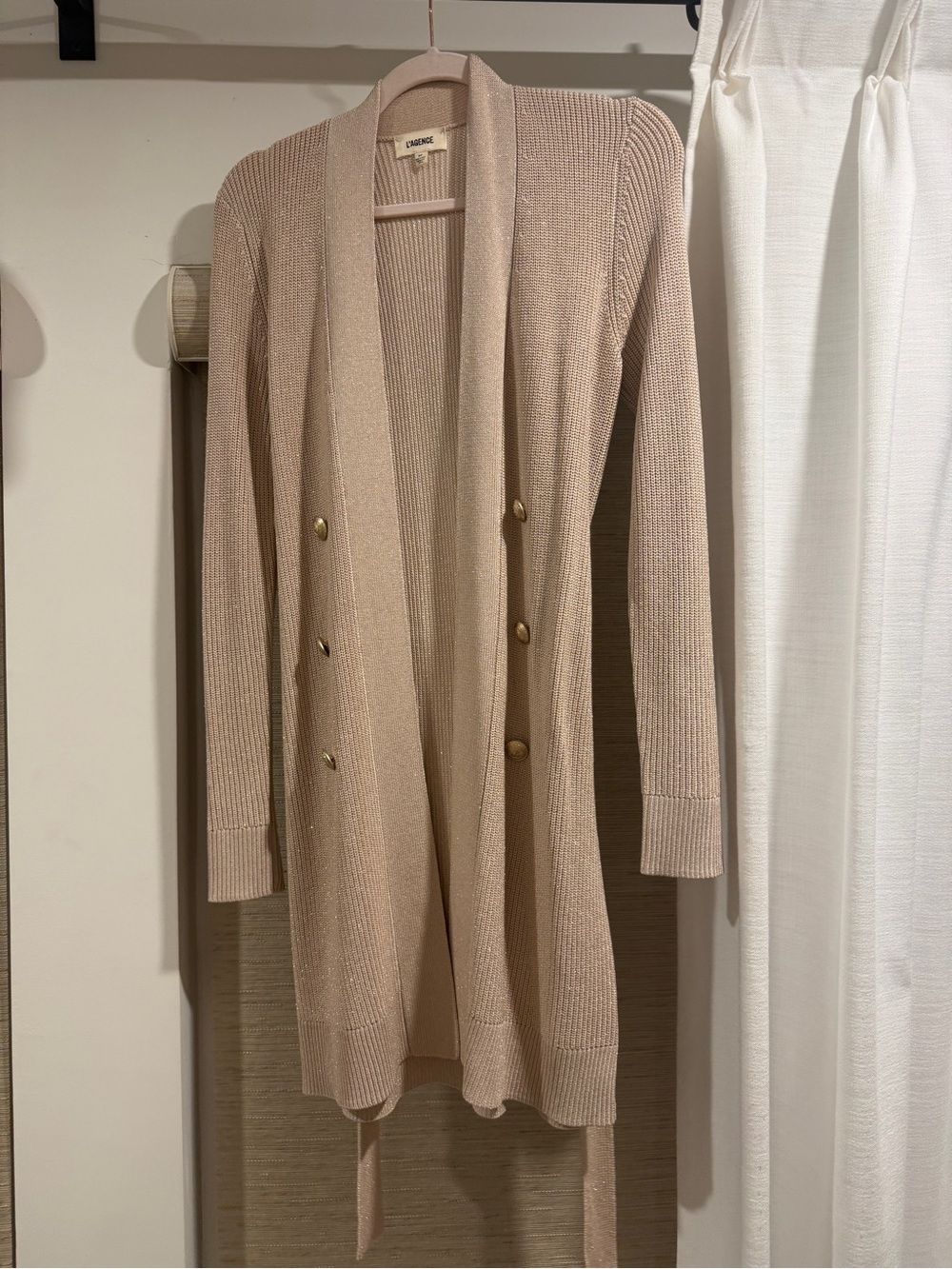 L'AGENCE Blush Beige Longline Ribbed Cardigan with Gold Buttons